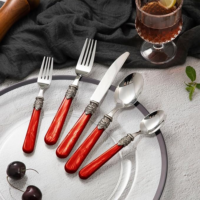 20 pieces 18/10 Stainless Steel Silverware Sets With Red Handle,Vintage Cutlery Sets,Sliverware set Service for 4,Dishware Safe (20, Red)