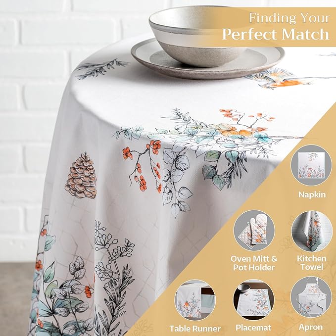 Maison d' Hermine Table Cloth Round Table 100% Cotton 69 Inches Fall Tablecloth Reusable Everyday Use for Thanksgiving Christmas Decorations Dining Farmhouse Party (Whitish Shabby Chique)