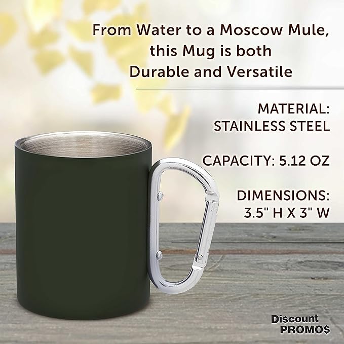 DISCOUNT PROMOS Stainless Steel Mugs with Carabiner Handle 10 oz. Set of 10, Bulk Pack - Perfect for Coffee, Soda, Other Hot & Cold Beverages - Army Green