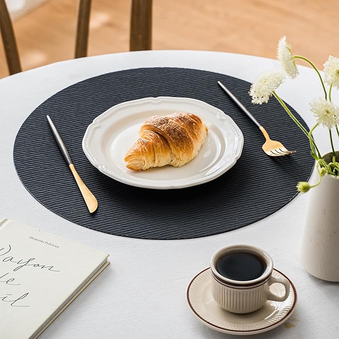 Jovono 15" Faux Leather Big Round Placemats Set of 8 - Washable Heat Resistant Non-Slip Dining Table Mats with Fabric Texture for Kitchen Home Party Decor, Black
