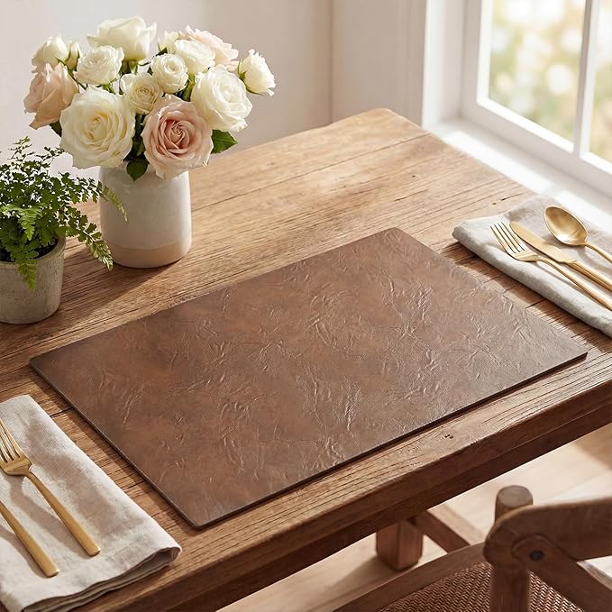 Artoid Mode Brown Faux Leather Placemats Set of 6, 12x18 Inch Waterproof Wipeable Heat Resistant Vinyl Place Mats, Reversible Table Mats for Kitchen Dining Decor