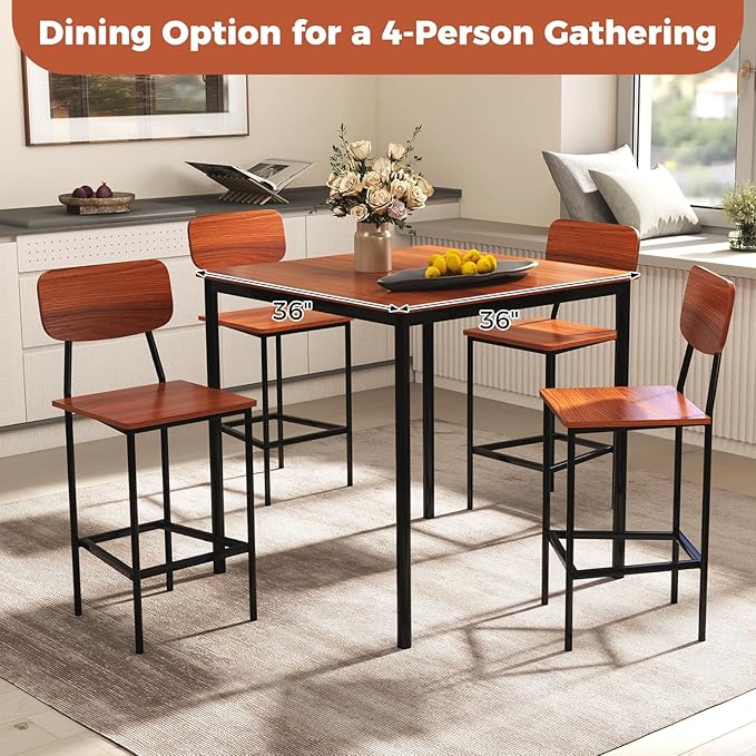 COSTWAY Dining Table Set for 4, 5-Piece Square Kitchen Nook Dinette Set with 4 Bar Stools with Footrest, Backrest, Space-Saving Design, Industrial Kitchen Table and Chairs for Apartment, Walnut
