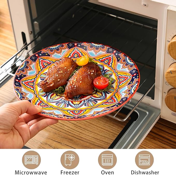 6-piece Bohemian plates, 8-inch main course plates, suitable for serving beef, lamb chops, turkey, and various main dishes; safe for microwave, oven, and dishwasher use