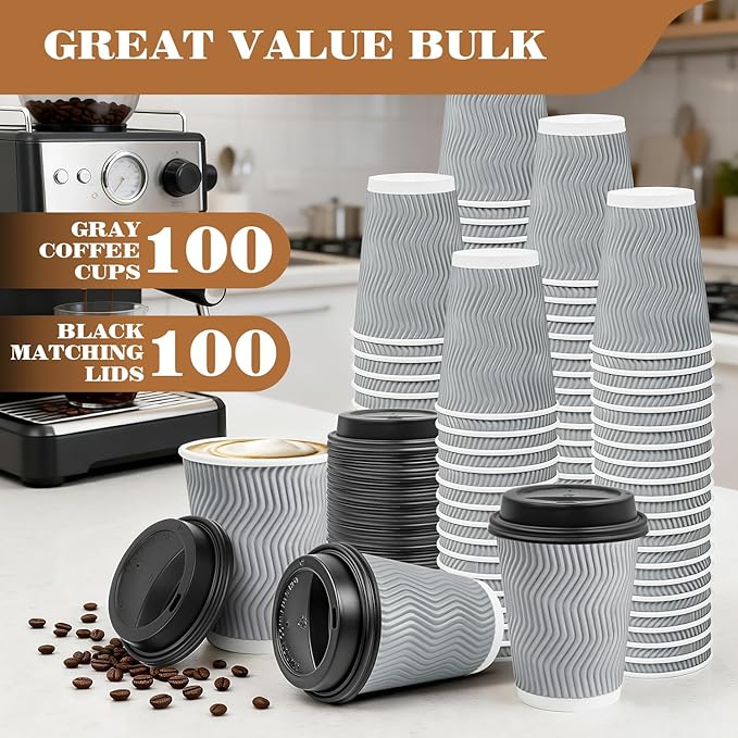 Ginkgo 100 Pack To Go Paper Coffee Cups With Lids, 12 oz Disposable Double-Walled Ripple Insulated Hot Cups for Hot Drinks, Lattes, Travel Cups, Medium, Gray