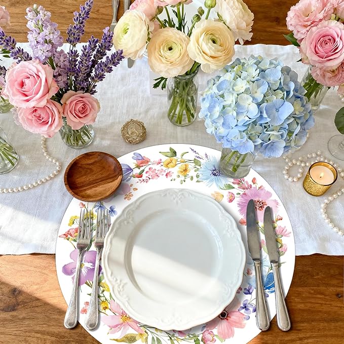 50PCS Floral Placemats Vibrant Watercolor Wildflower Disposable Paper Placemats Round Table Mats for Summer Parties, Weddings & Brunch