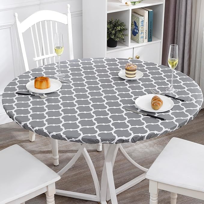 Walrus Round Vinyl Fitted Tablecloth with Flannel Backing Elastic Edge Design Table Cover Waterproof Oil-Proof PVC Table Cloth Stain-Resistant Best for 37"-44" Round