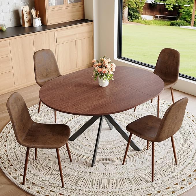 Round Dining Table Set for 4｜42"-54" Extendable Dining Room Table Set｜Wooden Kitchen Table with 4 Chairs｜Mid Century Modern Dinner Table Set with Cross Legs｜Easy Assembly｜Space Saving