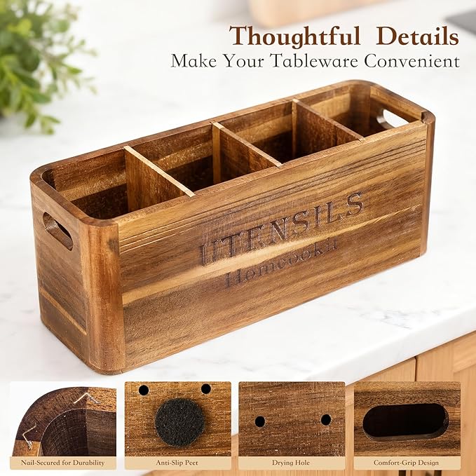 Utensil Holder for Kitchen Countertop, Extra Large Acacia Wood Organizer, 4-Compartment Storage for Cooking Tools, Farmhouse-Style Cutlery Holder
