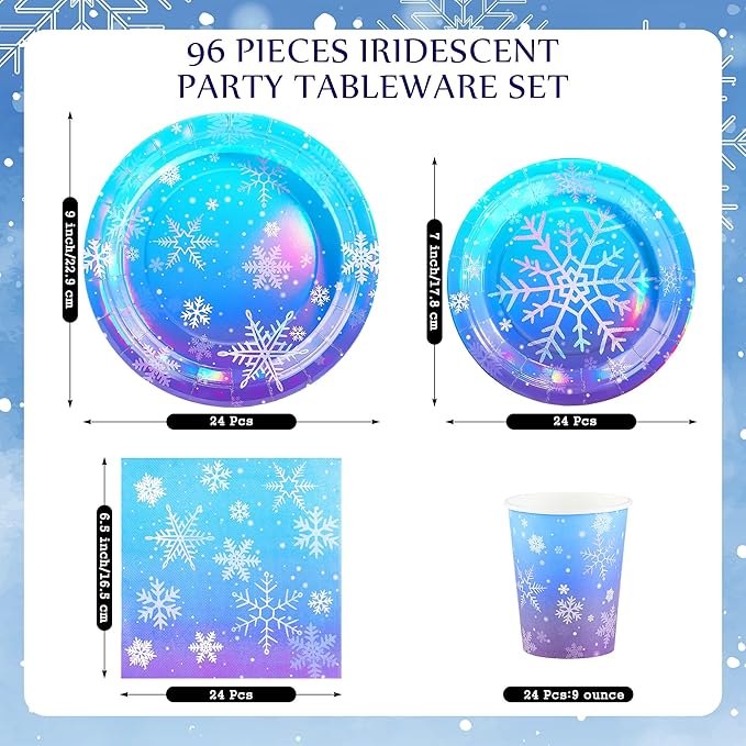Kochorie 96 Pieces Frozen Iridescent Winter Snowflake Birthday Party Supplies Snowflake Tableware Set Disposable Paper Plates Cups Napkins Serve 24 Guests for Christmas Winter Wonderland Decorations