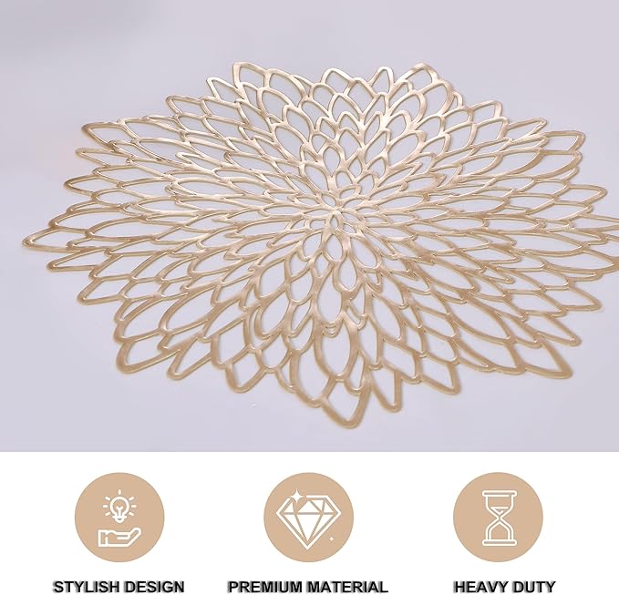 Snowkingdom Set of 12 Gold Metallic Placemats Laminated Vinyl Round Leaf Dinning Table Place Mats Bulk Decorative Halloween Thanksgiving Christmas Party Wedding Holiday Festival