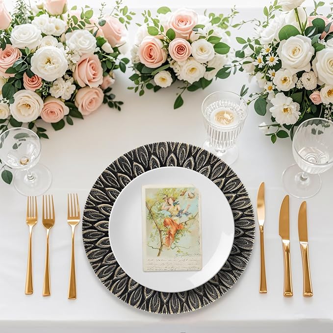 Black Charger Plates, 13 Inch Set of 6 Plastic Peacock Chargers for Dinner Plates,Table Settings, Easter, Thanksgiving, Christmas Party, Family Gathering.