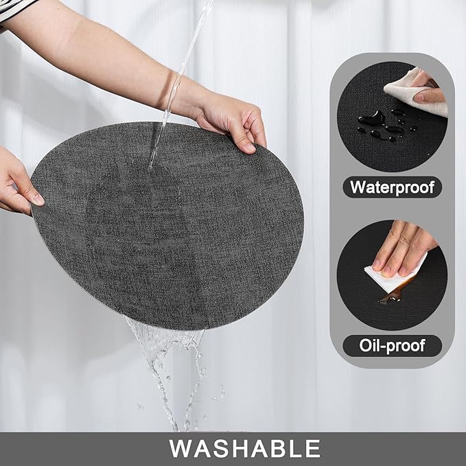 Myir JUN Round Placemats, Dual Sided Faux Leather Place Mats Set of 6 Indoor/Outdoor Non-Slip Washable Table Mats (Gray Black, Set of 6)