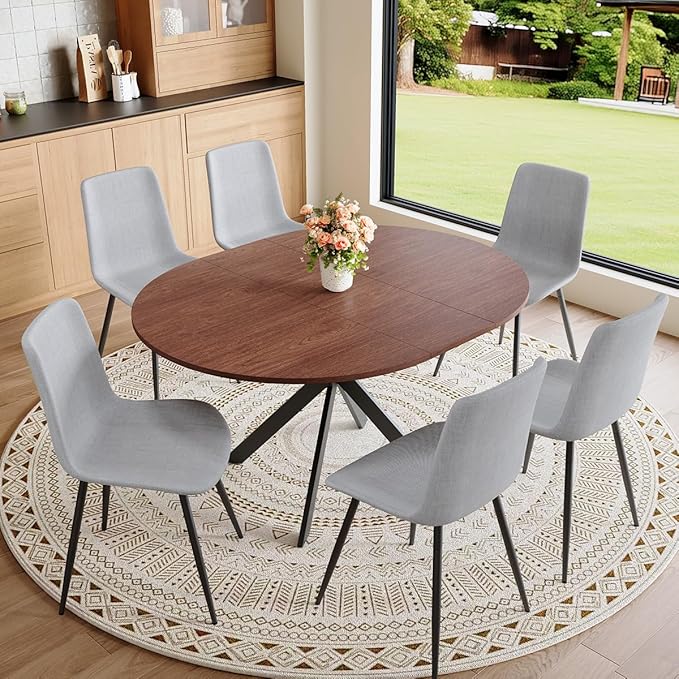 Round Dining Table Set for 6｜42"-54" Extendable Dining Room Table Set｜Wooden Kitchen Table with 6 Chairs｜Mid Century Modern Dinner Table Set with Cross Legs｜Easy Assembly｜Space Saving