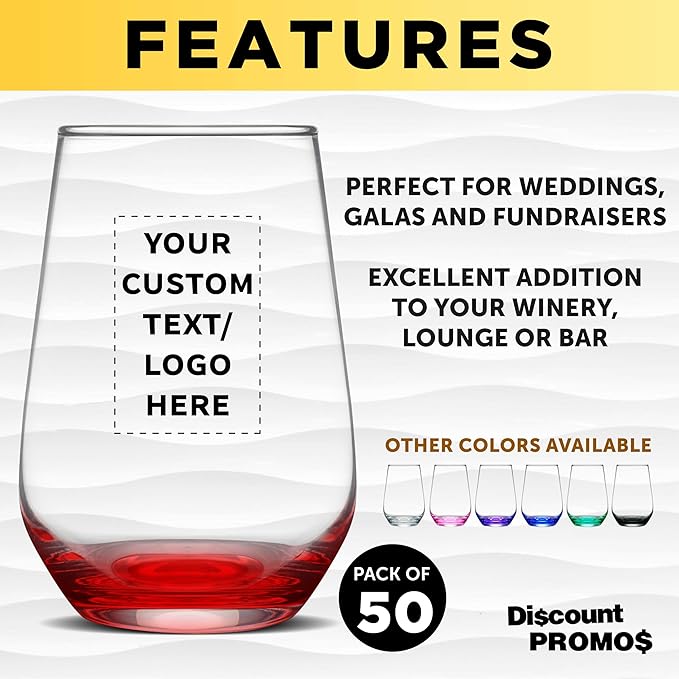 DISCOUNT PROMOS 50 Vaso Silicia Stemless Wine Glasses Set, 16 oz. - Personalized Text, Logo - Clear, Orb-Like, Thick base - Red