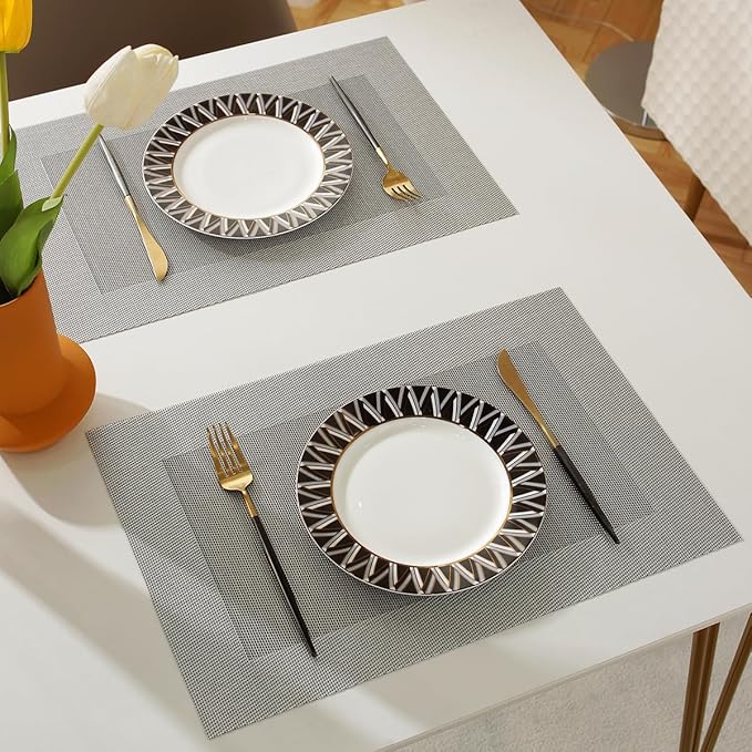 Vinyl Placemats Heat-Resistant Table Mats Washable Easy Clean Plastic Placemats for Dining Table Set of 4 (Dark Silver)
