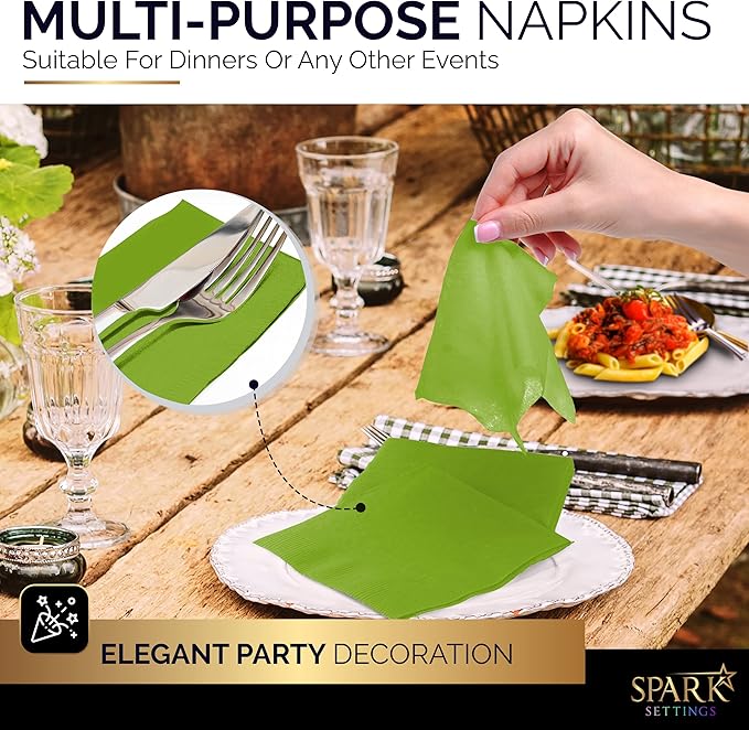 100 Pack Kiwi Green Beverage Napkins, Big Party Pack, 2 Ply, Ideal for Wedding, Party, Birthday, Dinner, Lunch, Cocktails. (5” x 5”) by Amcrate