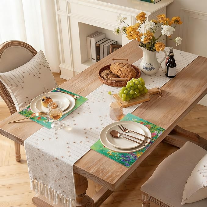 Hummingbird 12x18 Inch Placemats Set of 6 - Waterproof, Non-Slip & Washable Vintage Spring Flower Birds Table Mats for Kitchen & Dining Table Placemats