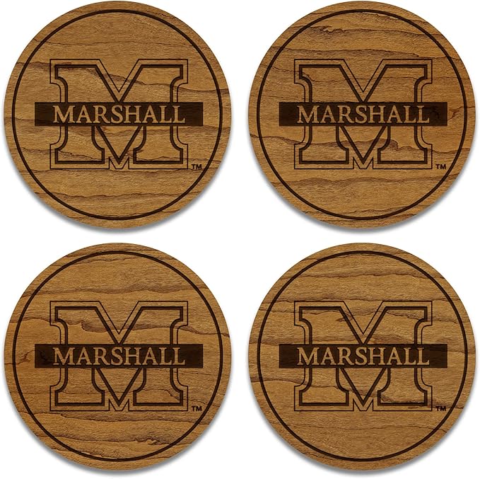 LazerEdge Marshall Thundering Herd Wooden Coaster Set - Cherry Wood - Officially Licensed Product - 4-Pack
