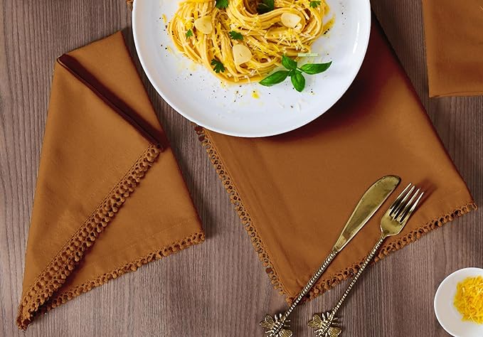 Bedding Craft Cotton Cloth Dinner Napkins Set of 12 – 18x18 Desert Sun with Decorative Lace Selvedge – Durable Machine Washable Fabric Napkins for Weddings, Baby Showers, Parties & Dining