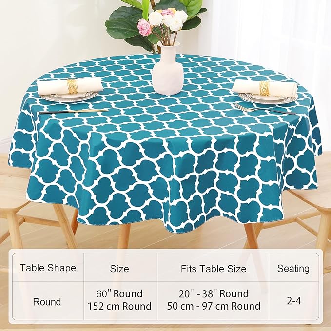 Smiry Round Plastic Table Cloth, Waterproof Vinyl Tablecloth with Flannel Backing for Round Tables, Wipeable Spillproof Tablecloths for Dining, Camping, Indoor and Outdoor (60" Round, Teal)