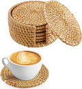 6pcs Natural Handmade Rattan Coasters with Holder - Wicker Drink Coasters Set for Protecting Table, Housewarming Gifts Boho Home Decor