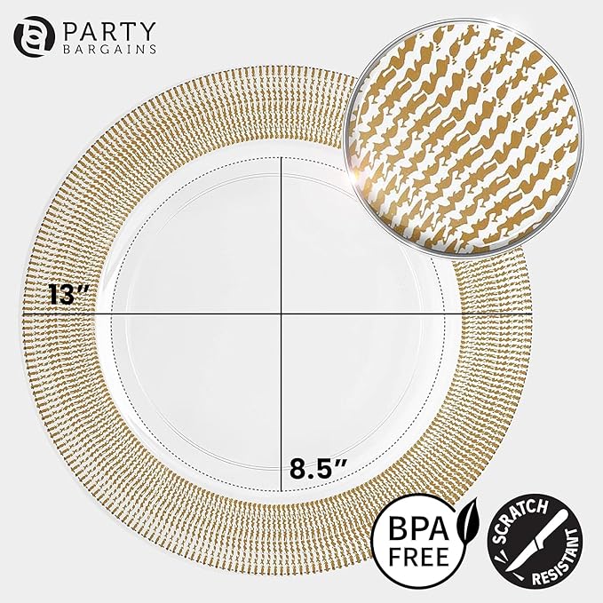 PARTY BARGAINS 13-Inch Charger Plates - 8 Pack, Clear Gold Textured Rim, Heavy-Duty Disposable Chargers for Elegant Dining - Ideal for Weddings and Formal Events