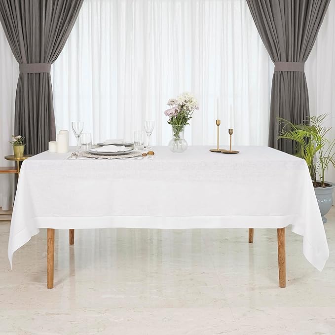 D'Moksha Homes White Linen Tablecloth for Rectangle Tables 60 x 140 Inch - Classic Hemstitch 100% Pure Linen White Tablecloth - Machine Washable Cloth Table Cloth for Valentines, Spring, Easter