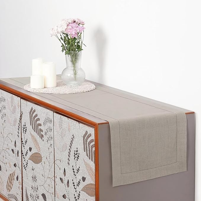 D'Moksha Homes Linen Natural Table Runner 144 Inches Long - 100% Pure Linen Extra Long Table Runner 14 x 144 Inch for Valentines, Spring, Easter - Classic Hemstitch
