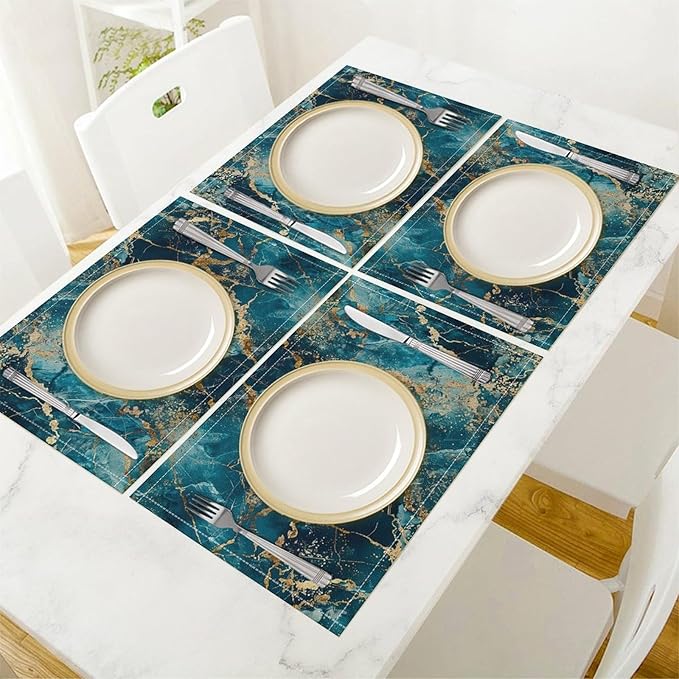 Marble Linen Placemats Set of 4, 12x17 Inch Abstract Modern Foil Stone Texture Blue Gold Marble Table Mats Washable Fabric Place for Party Kitchen Wedding Dining Banquets Decor