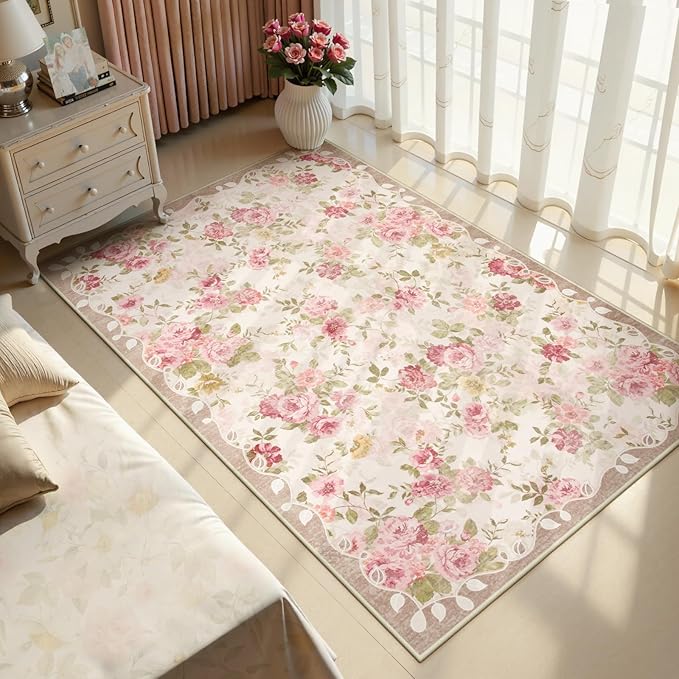 Lahome Floral Washable 3x5 Rug, Small Rugs for Bedroom Soft Non-Slip,Entry Way Rugs Indoor Low Pile Carpet for Nursery Kids Playroom Beige/Pink/Multi