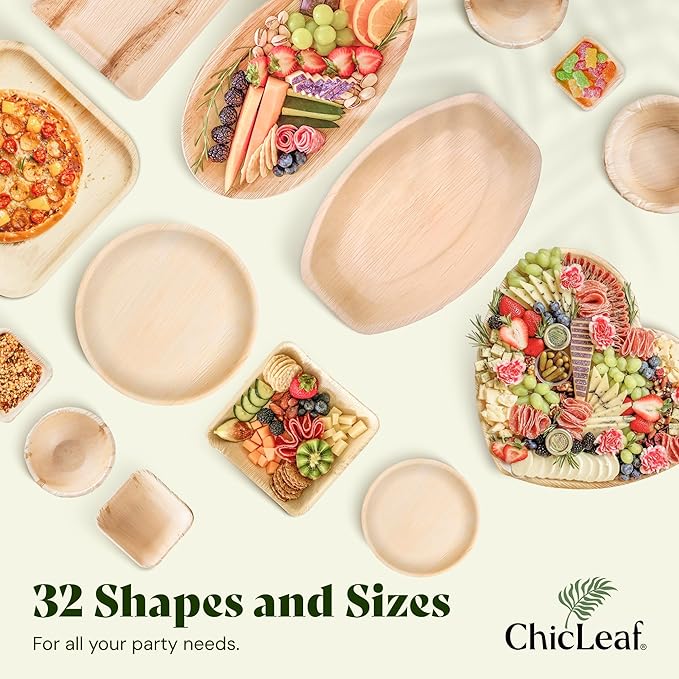 Chic Leaf Palm Leaf Disposable Bamboo Plates - Square Party Plates for Weddings, Parties, Event Appetizers - Biodegradable & Compostable - Romantic Dinner for 2 Party Supplies (10", 100 Pack)