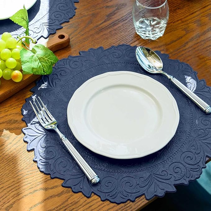 Noctiflorous Round Faux Leather 15 Inch Placemats Set of 6 Waterproof Wipeable Heat Resistant Tablemat for Dining Table Kitchen Non Slip Oilproof Table Place Mat for Indoor Outdoor(A Blue, 6)