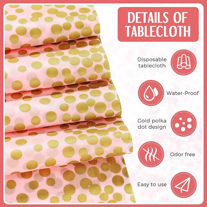 Breling 24 Pack Pink and Gold Disposable Plastic Tablecloths and Satin Table Runner Set, 54 x 108 Inch Tablecloth, 12 x 108 Inch Table Runners for Wedding Graduation Birthday Baby Shower