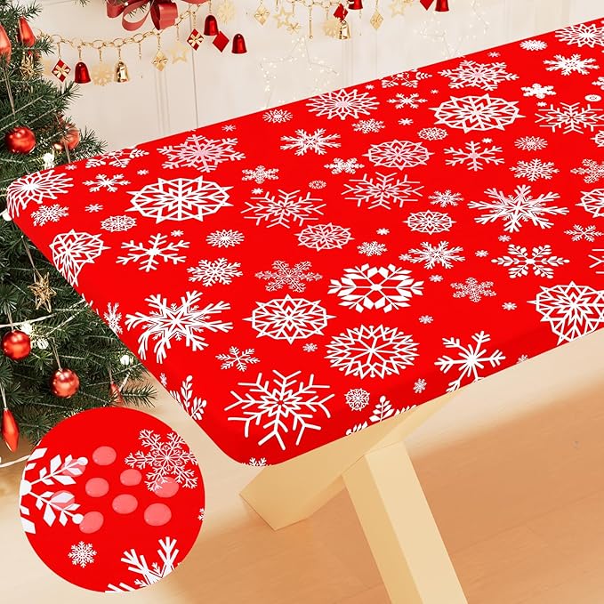 Smiry Plastic Christmas Tablecloth, Snowflake Waterproof Elastic Fitted Table Covers, Wipeable Flannel Backed Vinyl Tablecloths for Christmas Dinner, and New Year Celebration (Red, 30x48 Inches)