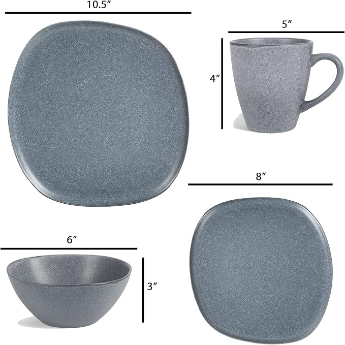Elanze Designs 16-Piece Modern Luxury Chic Smooth Vintage Handmade Shape Matte Finish Ceramic Stoneware Square Plate Mug & Bowl Kitchen Dinnerware 16 Piece Set - Service for 4, Slate Grey