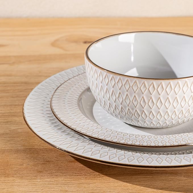 GBHOME Ceramic Dinnerware Sets,12 pcs Embossed Elegant Stoneware Plates and Bowls Sets, Housewarming Wedding Gift | Dishwasher & Microwave Safe | Dishes Set Service for 4