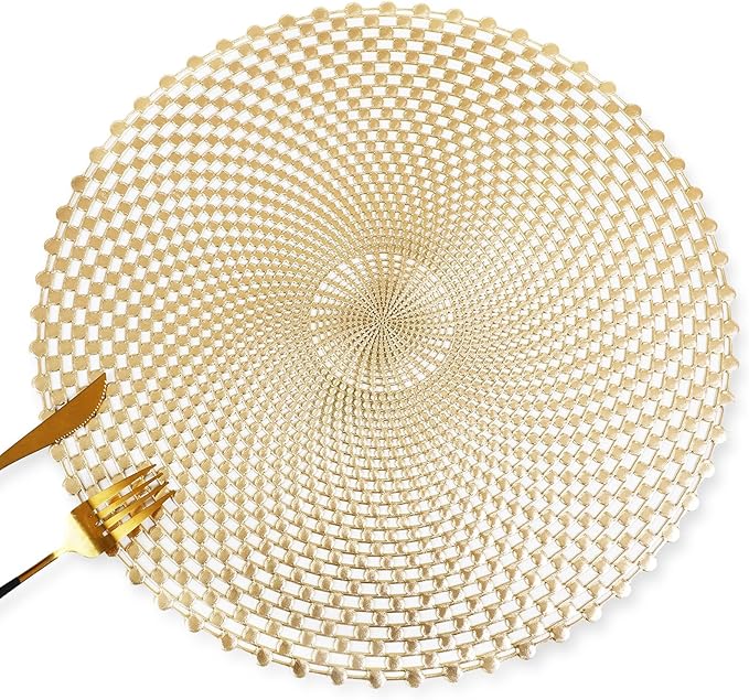 FAVE Set of 12 Round Gold Vinyl Placemats, Luxury Spiral Pattern for Formal Events, Restaurant, Parties, Birthdays (15 Inch,12PCS)
