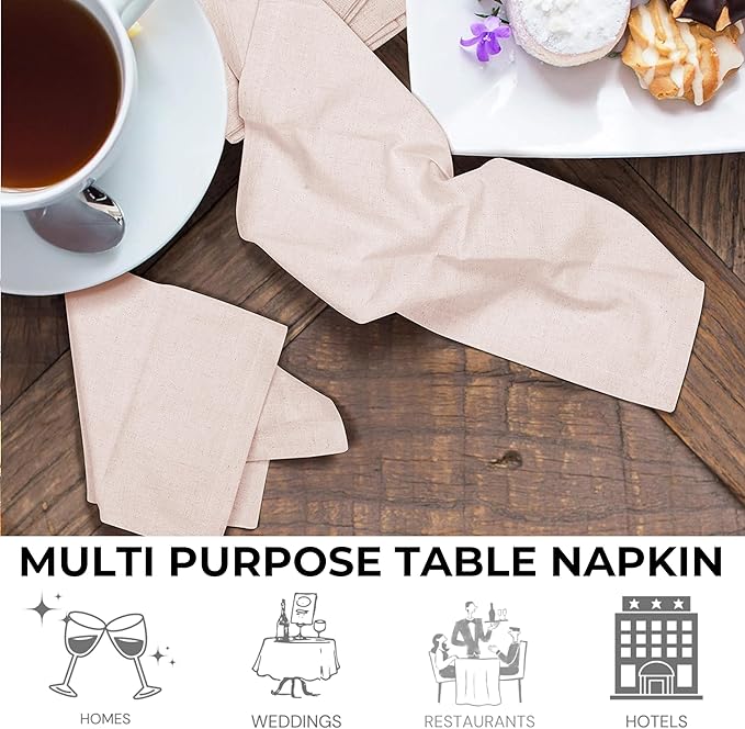 Bedding Craft Linen Flax Cotton Cloth Dinner Napkins Set of 12 – 18x18 Natural Hemstitched Reusable Fabric Napkins for Weddings, Parties, Dinners & Table Décor – Elegant & Durable