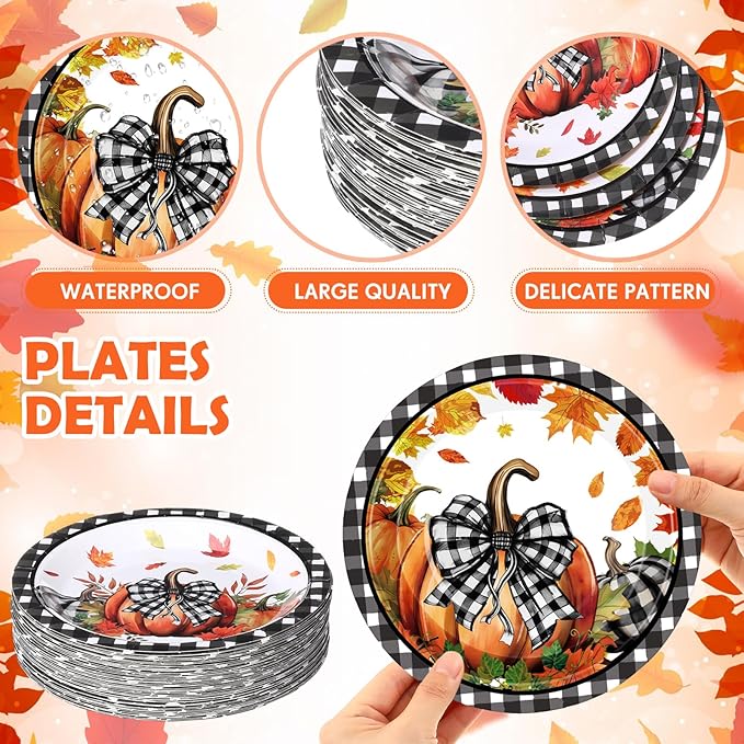 60 Pcs 7 Inch Fall Pumpkin Paper Plates Thanksgiving Black Buffalo Plaid Plates Decorations Orange Pumpkin Leaves Tableware for Thanksgiving Autumn Harvest Birthday Farmhouse Party Supplies