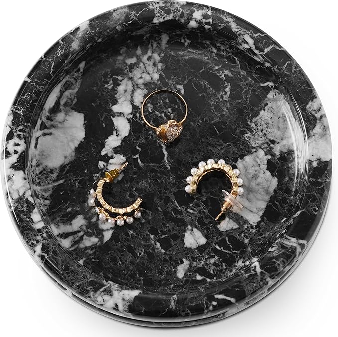 Marble Jewelry Dish 5 Inch Handmade Black Small Trinket Dish, Necklace & Ring Holder for Vanity Decor Accessories, Candle Plate, Key Bowl & Perfume Organzier, Gifts for Women