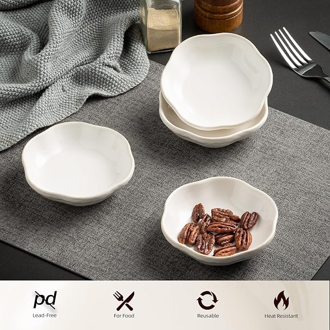 4.4Oz Kiln-Changed Dipping Bowls, 4.3 Inches Ceramic Flower-Shaped Soy Sauce Dishes, Small Appetizer/Side Plates Set of 4 (white)
