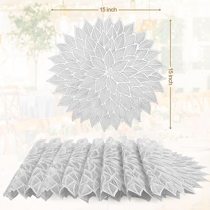 Placemats Set of 8, Round Hollow Out Flowers Place Mats for Dining Table Pressed Vinyl Blooming Leaf Table Mats for Holiday Party Wedding Accent Centerpiece Dinner Table Decoration (Silver)