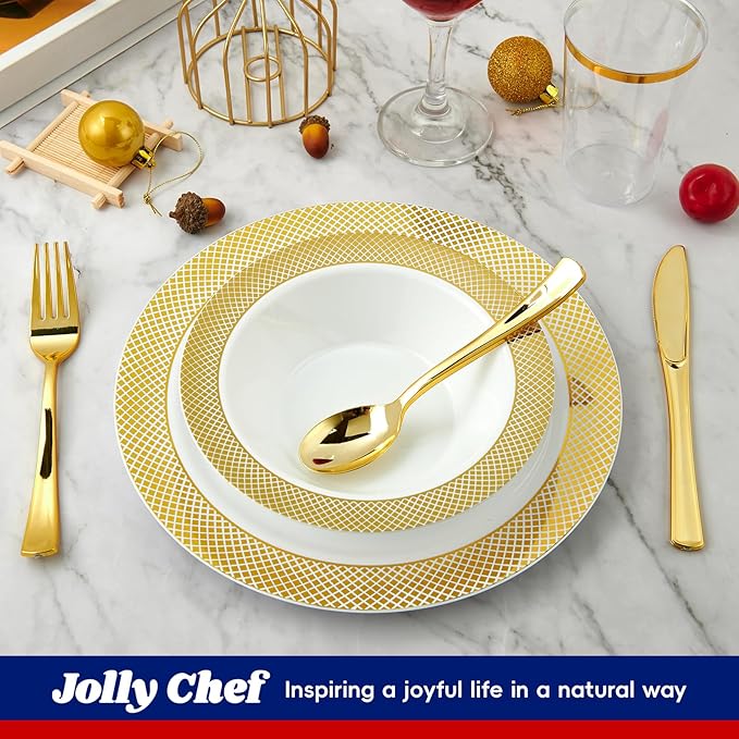 JOLLY CHEF 100 Disposable Plastic Bowls, 12oz Heavy Duty Disposable Dinner Bowls, Dessert Bowls with Gold Rim for Party, Dinners, Catering, Thanksgiving and Everyday Use