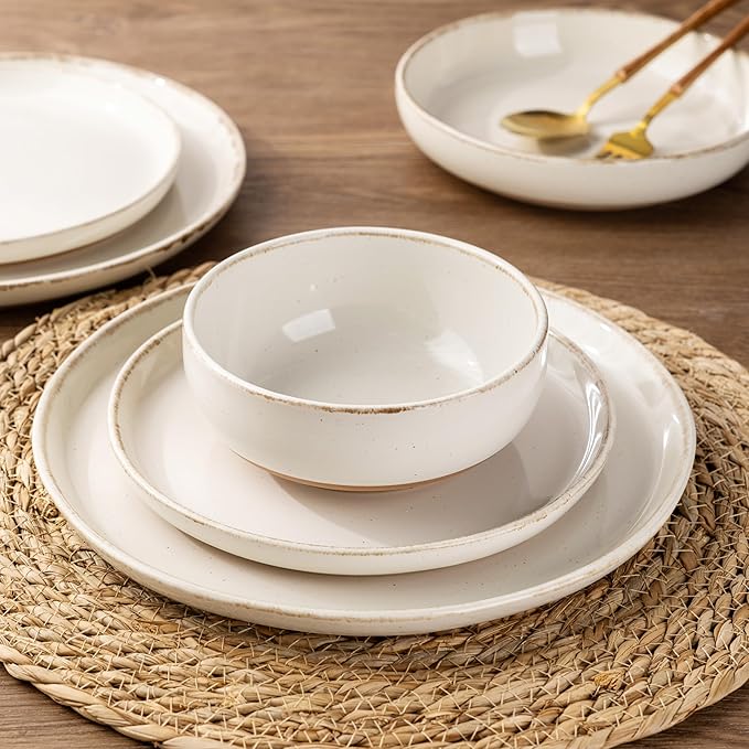 AmorArc Ceramic Dinnerware Sets with Pasta Bowls for 4, Handpainted Plates and Bowls Set with Rustic Terracotta Underside, Scratch Resistant Dishes Set, Dishwasher & Microwave Safe, 16 Pcs