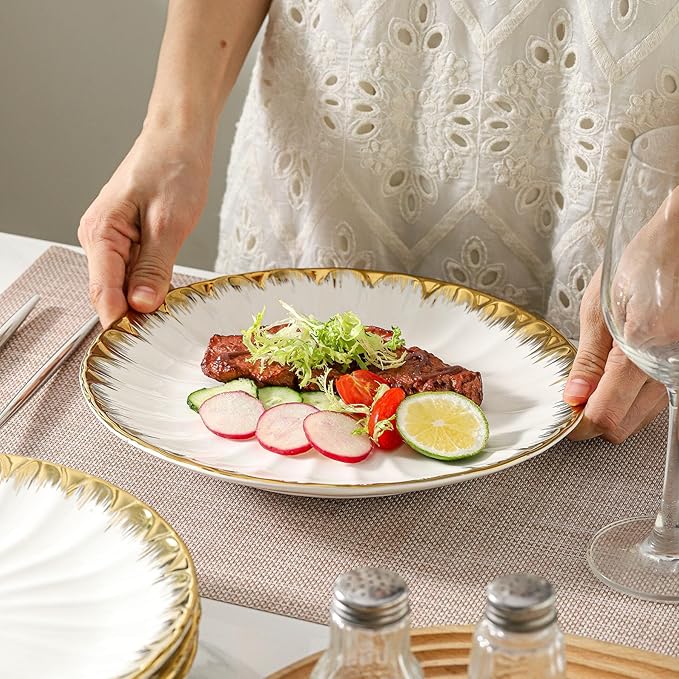 Dinner Plates, Ceramic dinner plates Set of 4, White Dinner Plate with Gold Rim, 10 Inch Dinnerware Dish Set for Kitchen Round Salad-Plates, Dessert Appetizer plate Serving Dishes for Parties