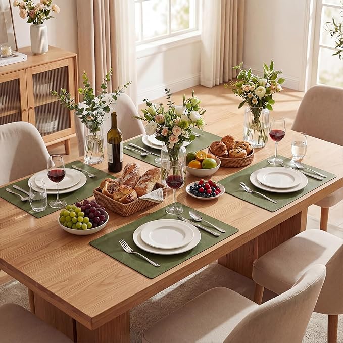Artoid Mode Olive Green Faux Leather Placemats Set of 4, 12x18 Inch Waterproof Wipeable Heat Resistant Vinyl Place Mats, Reversible Table Mats for Kitchen Dining Decor
