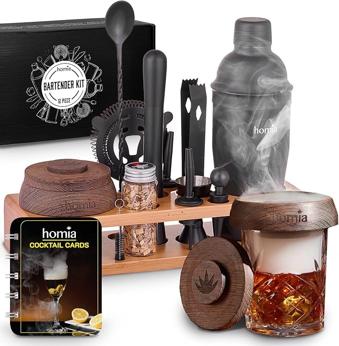 Bartender Kit with Whiskey Smoker - 13 pcs, Bamboo Stand - Bar Set with Cocktail Shaker, Bartending Kit with Essential Bar Accessory Tools, Wood Chips, Black Matte