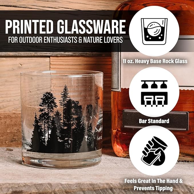 Black Lantern Wolf and Forest Whiskey Glass Set Set of 2 11oz Heavy Base Glasses | Nature-Themed Gift for Outdoor & Wildlife Lovers