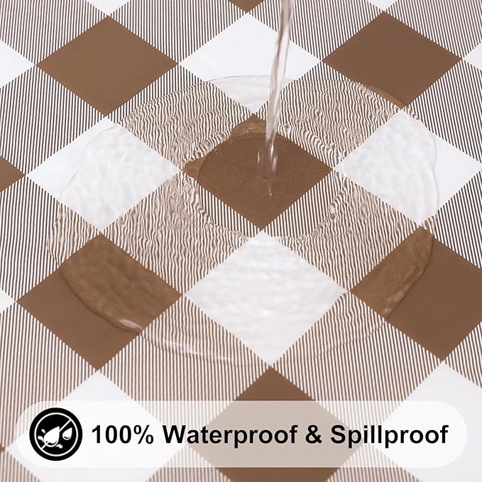 Smiry Rectangle Picnic Table Cloth, Elastic Waterproof Fitted Vinyl Tablecloths, Flannel Backed Buffalo Plaid Table Covers for Dining, Camping, Outdoor (White and Brown, 30" x 48")