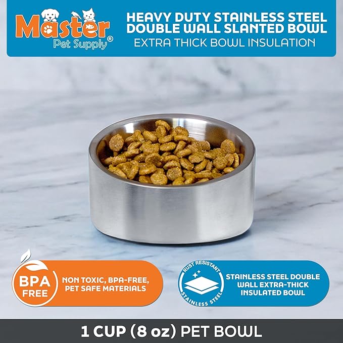 Master Pet Supply Stainless Steel Slanted Dog Cat Food Bowl - 8 oz Heavy Duty - Stainless Steel, Double Wall Insulated, Non-Slip Elevated Bowl for French Bulldogs Pugs Cats, Anti Rust Dishwasher Safe